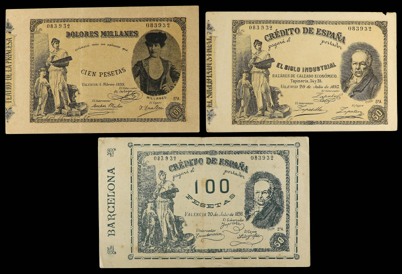 Lote 3 billetes de publicidad. 1893 a 1899. VALENCIA. Lote formado por tres publ...