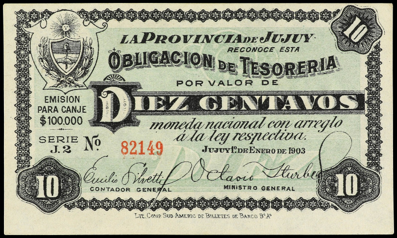 10 Centavos. 01 Enero 1903. ARGENTINA. JUJUY. (Impresión descentrada). Pick-S202...
