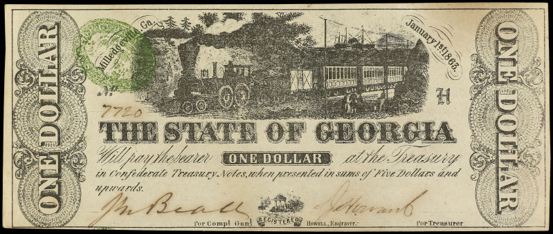 1 Dollar. 1 Enero 1863. ESTADOS UNIDOS. GEORGIA. MILLEDGEVILLE. Firmado y numera...