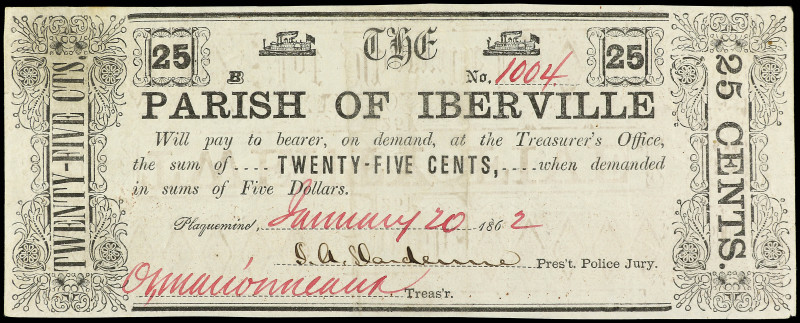 25 Cents. 20 Enero 1862. ESTADOS UNIDOS. LOUISIANA. PARISH OF IBERVILLE. RARO. B...