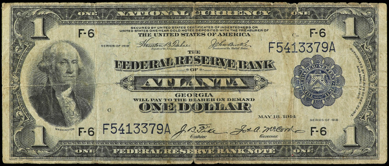 1 Dollar. 1918. ESTADOS UNIDOS. FEDERAL RESERVE BANK. ATLANTA. Firmas: Tehee & B...