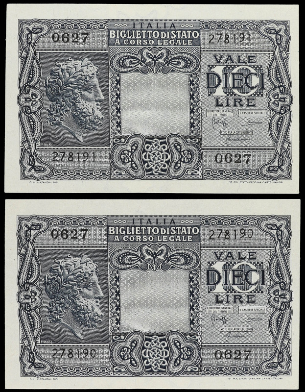 Lote 2 billetes 10 Lire. 23-11-1944. ITALIA. Jupiter. Pareja correlativa. Firmas...