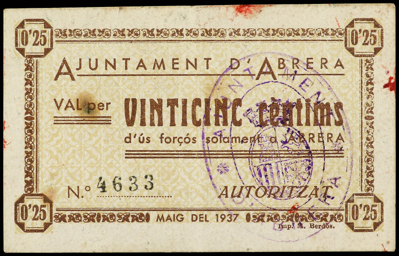 25 Cèntims. Maig 1937. Aj. d´ ABRERA. (Manchas). AT-2a. MBC+.