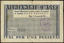 1 Pesseta. 7 Març 1937. Aj d´ AGER. (Roturas). ESCASO. AT-3. MBC-.