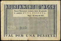 1 Pesseta. 7 Març 1937. Aj. d´ AGER. (Roturas, algo sucio). ESCASO. AT-3. BC+.