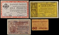 Lote 4 billetes 10, 20, 50 Cèntims y 1 Pesseta. Abril y Març 1937. Aj. d´ AGRAMUNT. A EXAMINAR. AT-5, 7, 8, 9. MBC- a EBC+.