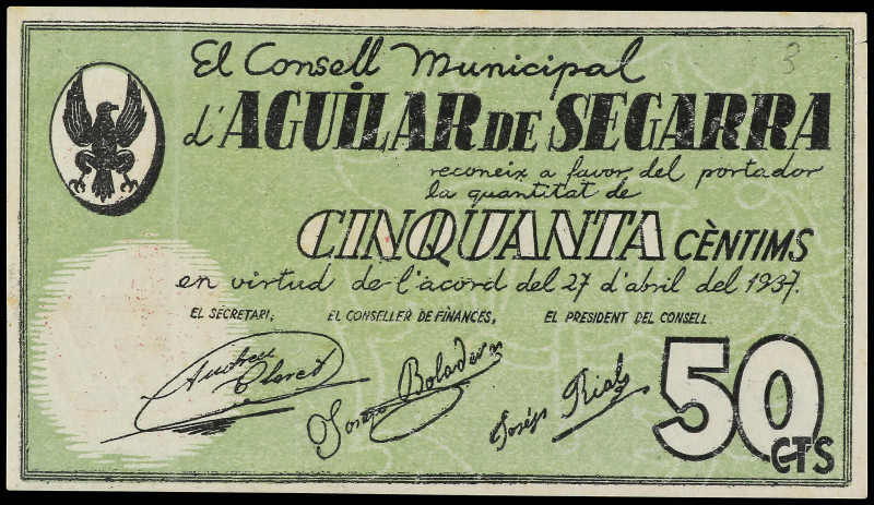 50 Cèntims. 27 Abril 1937. C.M d´ AGUILAR DE SEGARRA. (Marquitas y leve rotura e...