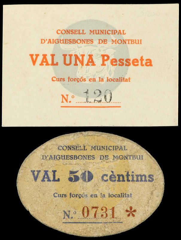 50 Cèntims y 1 Pesseta. C.M. d´ AIGÜESBONES DE MONTBUI. MUY ESCASOS. AT-26, 27. ...