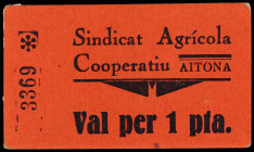 1 Pesseta. Sindicat Agrícola Cooperatiu AITONA. Cartón. (Restos de adhesivo en reverso). MUY RARO. AT-No cat.; RGH- No cat. este valor. (EBC).