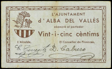 25 Cèntims. 1937. Aj. d´ ALBA DEL VALLÈS. Conseller de finances: Cabrero. (Manchitas). RARO. AT-52a. MBC+.