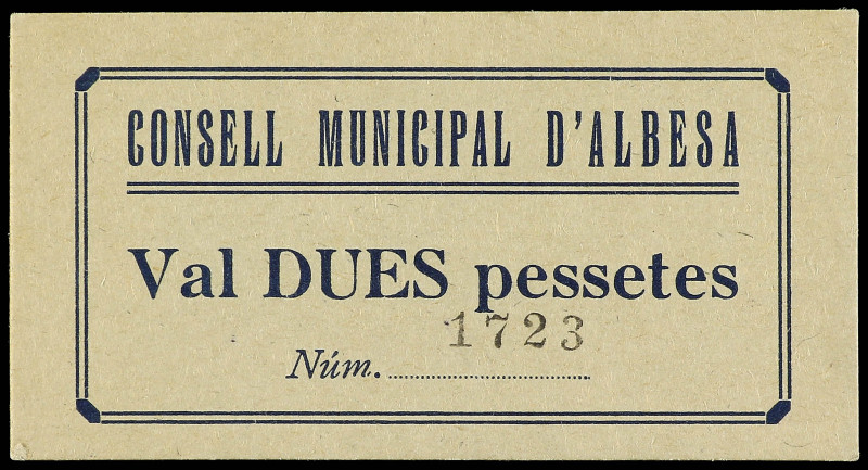 2 Pessetes. C.M. d´ ALBESA. Cartón. Tampón al dorso Consell Local Albesa. AT-65a...