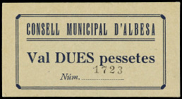 2 Pessetes. C.M. d´ ALBESA. Cartón. Tampón al dorso Consell Local Albesa. AT-65a. EBC+.