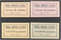 Lote 4 billetes 25, 50 Cèntims, 1 y 2 Pessetes. C.M. d´ALBESA. Con tampón al dorso Consell Local Albesa. AT-64/67. SC.