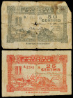 Lote 2 billetes 25 y 50 Cèntims. 1 Juny 1937. Aj. d´ ALCANAR. (Roturas, manchas). MUY ESCASOS. AT-74, 75. BC a BC+.