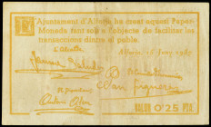 25 Cèntims. 15 Juny 1937. Aj. d´ ALFORJA. (Algo sucio). ESCASO. AT-110. MBC-.