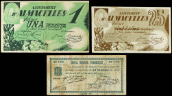 Lote 3 billetes 25, 50 Cèntims y 1 Pesseta. Octubre 1937. Aj. d´ ALMACELLES. A EXAMINAR. AT-114 j, 115, 117. MBC- a MBC+.