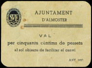 50 Cèntims. 1937. Aj. d´ ALMOSTER. Cartón. Cruz del escudo tapada. (Manchitas). MUY ESCASO. AT-126 b. MBC+.