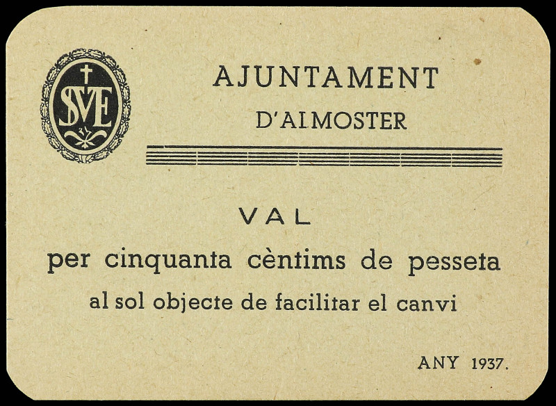 50 Cèntims. 1937. Aj. d´ ALMOSTER. Cartón. Sin sello tampón. MUY ESCASO. AT-126 ...