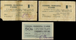 Lote 3 billetes 50 Cèntims y 1 Pesseta (2). 1 Maig 1937. C.M. d´ AMER. (AT-136a reparaciones). A EXAMINAR. AT-136, 136a, 137a. BC+ a MBC+.