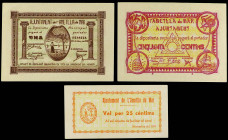 Lote 3 billetes 25, 50 Cèntims y 1 Pesseta. 1937. Aj. De l´ AMETLLA DE MAR. AT-138, 139, 142. SC.