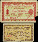 Lote 2 billetes 50 Cèntims y 1 Pesseta. 1 Juny 1937. C.M. d´ AMPOSTA. (Roturas). AT-155, 156. BC+ a MBC-.