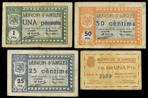 Lote 4 billetes 25, 50 Cèntims y 1 Pesseta (2). 1937. MUNICIPI D´ ANGLÈS. A EXAMINAR. AT-157, 161, 162, 163. BC+ a MBC.