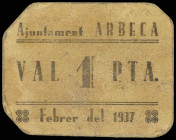 1 Pesseta. Febrer 1937. Aj. d´ ARBECA. Cartón. (Algo sucio). ESCASO. AT-164. MBC.