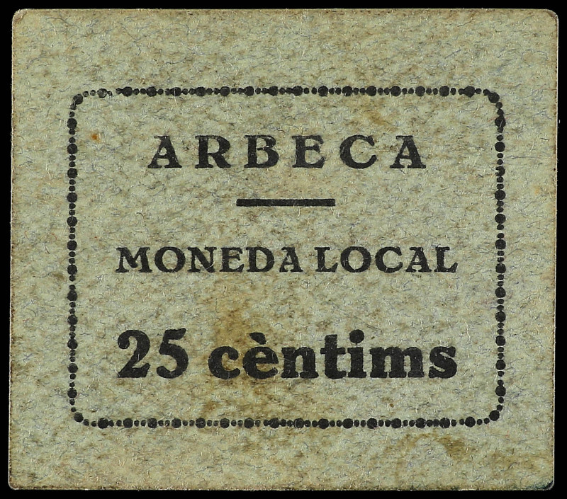 25 Cèntims. Moneda Local ARBECA. Cartón. Numeración manuscrita a tinta. (Leves m...