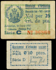 Lote 2 billetes 25 Cèntims y 0, 10 Pessetes. Juny y Octubre 1937. Municipi d´ ARBÚCIES y Aj. d´ ARBÚCIES. AT-177 y 188. MBC.