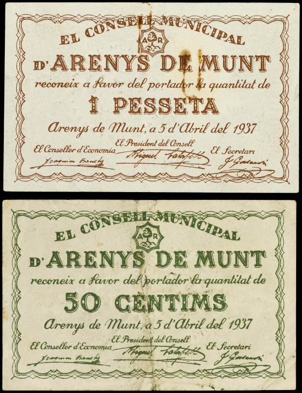 Lote 2 billetes 25 Cèntims y 1 Pesseta. 5 Abril 1937. C.M. d´ ARENYS DE MUNT. (M...