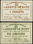 Lote 2 billetes 25 Cèntims y 1 Pesseta. 5 Abril 1937. C.M. d´ ARENYS DE MUNT. (Manchas). A EXAMINAR. AT-192, 193. MBC+ a EBC-.