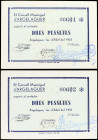 Lote 2 billetes 2 Pessetes. 1 Abril 1937. C.M. d´ARGELAGUER. Pareja correlativa. Firma del Alcalde estampillada, Secretario B. Portella manuscrita y s...