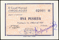 1 Pesseta. 1 Abril 1937. C.M. d´ARGELAGUER. Tampón al dorso. Secretario B. Portella. RARO. AT-195d. SC.