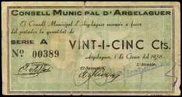 25 Cèntims. 1 Gener 1938. C.M. d´ ARGELAGUER. (Pequeñas roturas). RARO. AT-197a. MBC-.