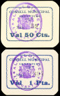 Lote 2 billetes 50 Cèntims y 1 Pesseta. C.M. d´ARGENTERA. Cartón. Tampón en anverso. MUY RAROS. AT-202, 204. SC.