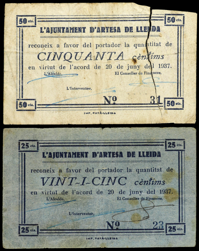 Lote 2 billetes 25 y 50 Cèntims. 20 Juny 1937. Aj. d´ ARTESA DE LLEIDA. (Roturas...