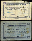 Lote 2 billetes 25 y 50 Cèntims. 20 Juny 1937. Aj. d´ ARTESA DE LLEIDA. (Roturas). A EXAMINAR. MUY ESCASOS. AT-227, 228. MBC- a MBC.