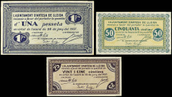 Lote 3 billetes 25, 50 Cèntims y 1 Pesseta. 20 Juny 1937. Aj. d´ ARTESA DE LLEIDA. A EXAMINAR. AT-229, 230, 231. MBC+ a EBC.