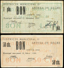 Lote 2 billetes 50 Cèntims y 1Pesseta. 31 Desembre 1937. d´ ARTESA DE SEGRE. A EXAMINAR. ESCASOS. AT-232, 233. MBC- a MBC+.