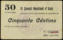 50 Cèntims. Juliol 1937. CONSELL MUNICIPAL d´ ASCO. Cartón. RARO. AT-241. MBC+.