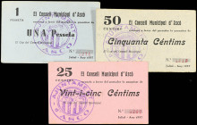 Lote 3 billetes 25, 50 Cèntims y 1 Pesseta. Juliol 1937. C.M. d´ASCÓ. Serie completa con tampón en anverso Ajuntament d´Ascó. RAROS. AT-240a/42a. EBC+...