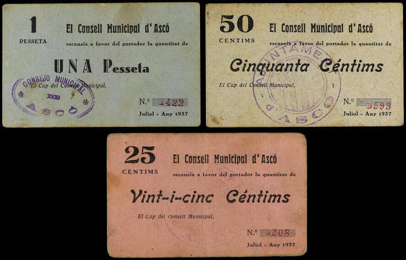 Lote 3 billetes 25, 50 Cèntims y 1 Pesseta. Juliol 1937. C.M. d´ ASCÓ. 1 Pta. Se...