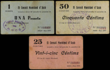 Lote 3 billetes 25, 50 Cèntims y 1 Pesseta. Juliol 1937. C.M. d´ ASCÓ. 1 Pta. Sello tampón Consell Municipal. 25 y 50 Cts. Sello tampón Ajuntament. (A...