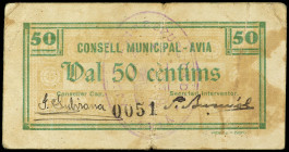 50 Cèntims. CONSELL MUNICIPAL d´ AVIÀ. (Manchas y pequeñas roturas). ESCASO. AT-248. MBC-.