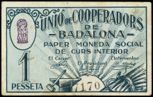 1 Pesseta. UNIÓ DE COOPERADORS de BADALONA. (Manchitas del tiempo). RGH-6462; T-319. MBC+.