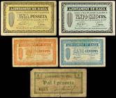 Lote 5 billetes 5, 10, 25 Cèntims y 1 Pesseta (2). 1937. Aj. de BAGÀ. Todos diferentes. A EXAMINAR. AT-257, 259, 261, 262, 263. BC a EBC+.