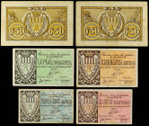 Lote 6 billetes 10, 25, 50 (3) Cèntims, 1 Pesseta. S/F y 17 Novembre 1937. Aj. de BAIX MONTSENY. A EXAMINAR. AT-268, 268a, 269, 270, 271, 272. MBC- a ...