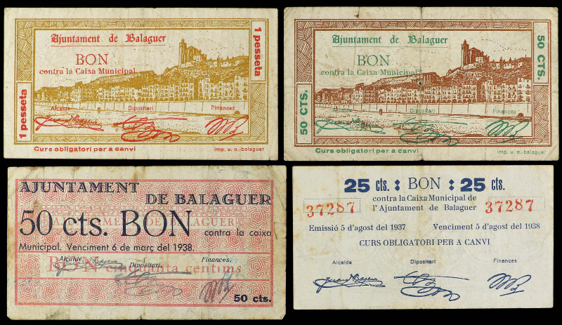 Lote 4 billetes 25, 50 (2) Cèntims, 1 Pesseta. Març y Agost 1937. Aj. de BALAGUE...