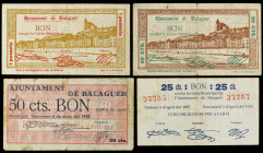 Lote 4 billetes 25, 50 (2) Cèntims, 1 Pesseta. Març y Agost 1937. Aj. de BALAGUER. A EXAMINAR. AT-274, 275, 276, 277. MBC- a MBC.