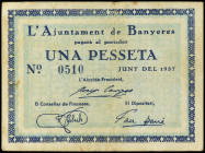 1 Pesseta. Juny 1937. Aj. de BANYERES. (Algo sucio). ESCASO. AT-286. MBC+.